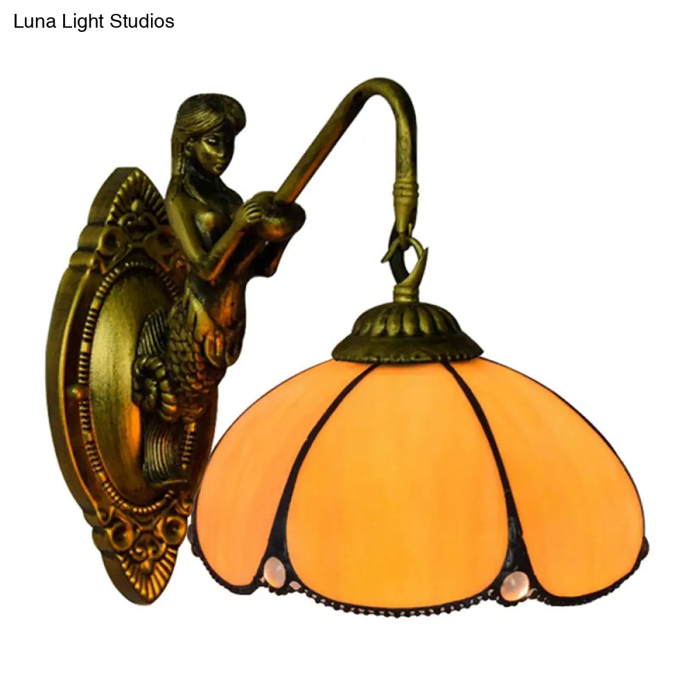 Vintage Brass Petal Wall Light Tiffany 1-Light Yellow Glass Sconce with Mermaid Decoration
