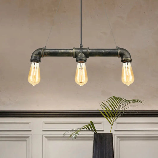 Vintage Brass Pipe Ceiling Light Fixture with Open Bulb - Iron 3 Lights Indoor Island Pendant
