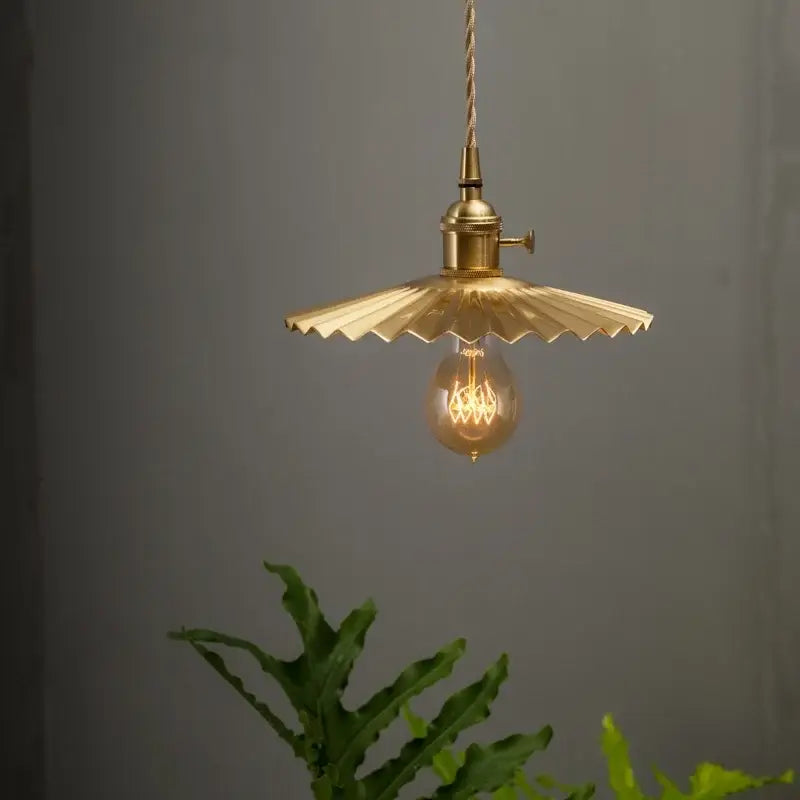 Vintage brass pleated led pendant light with fluted petal shade and exposed edison bulb for dining room decorbites brass pleated