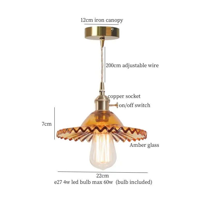 Vintage brass pleated led pendant light with amber glass shade brass canopy and copper socket for dining room decorbites brass pleated
