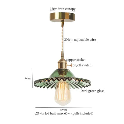 Dark green glass pendant lights with brass pleated led copper socket and iron canopy for dining room decorbites brass pleated