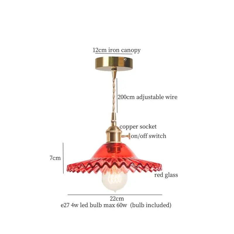 Red glass pendant light with brass iron canopy and copper socket for vintage brass pleated led pendant lights decorbites brass pleated