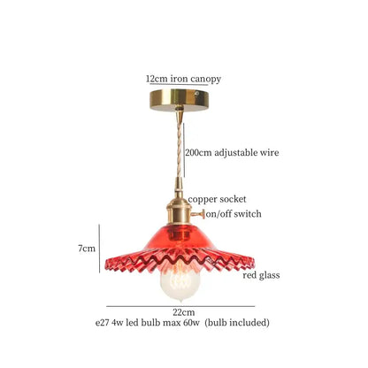 Red glass pendant light with brass iron canopy and copper socket for vintage brass pleated led pendant lights decorbites brass pleated