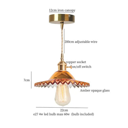 Vintage brass pleated led pendant lights with brass canopy copper socket and scalloped amber glass shade for dining room decorbites brass pleated
