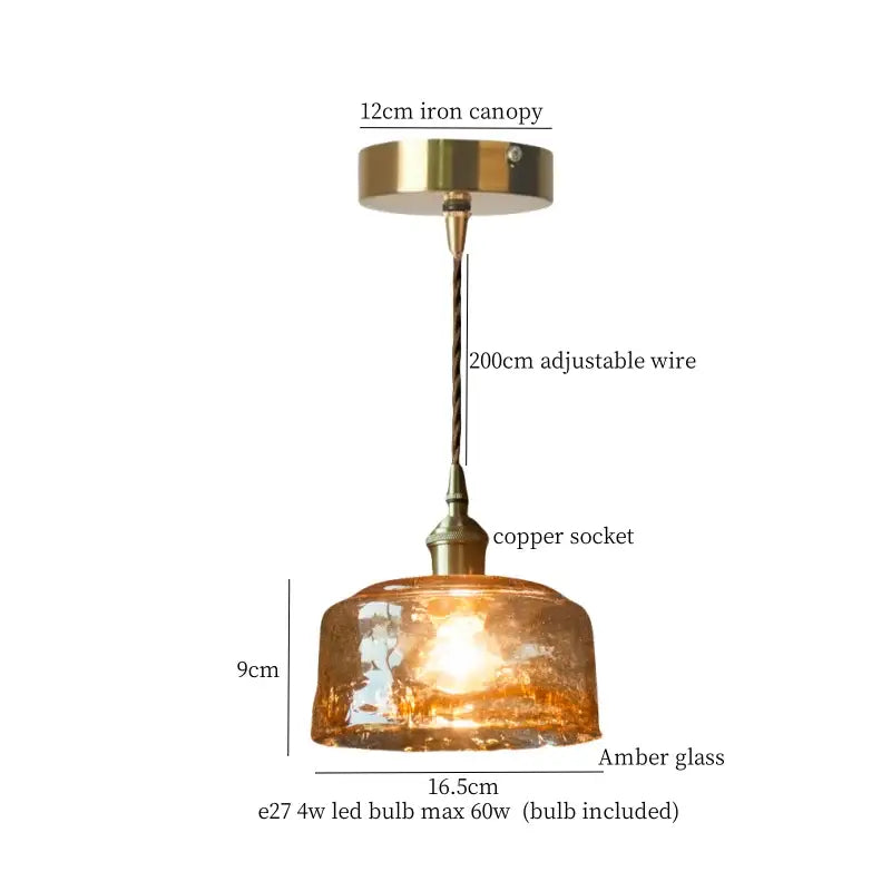 A warm amber glass vintage brass pleated led pendant light with brass iron canopy and adjustable wire for dining room decorbites