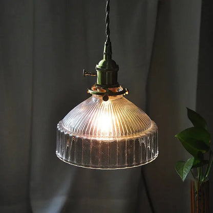 Clear ribbed glass led ceiling chandelier with dark green metal fixture for vintage bedroom lighting