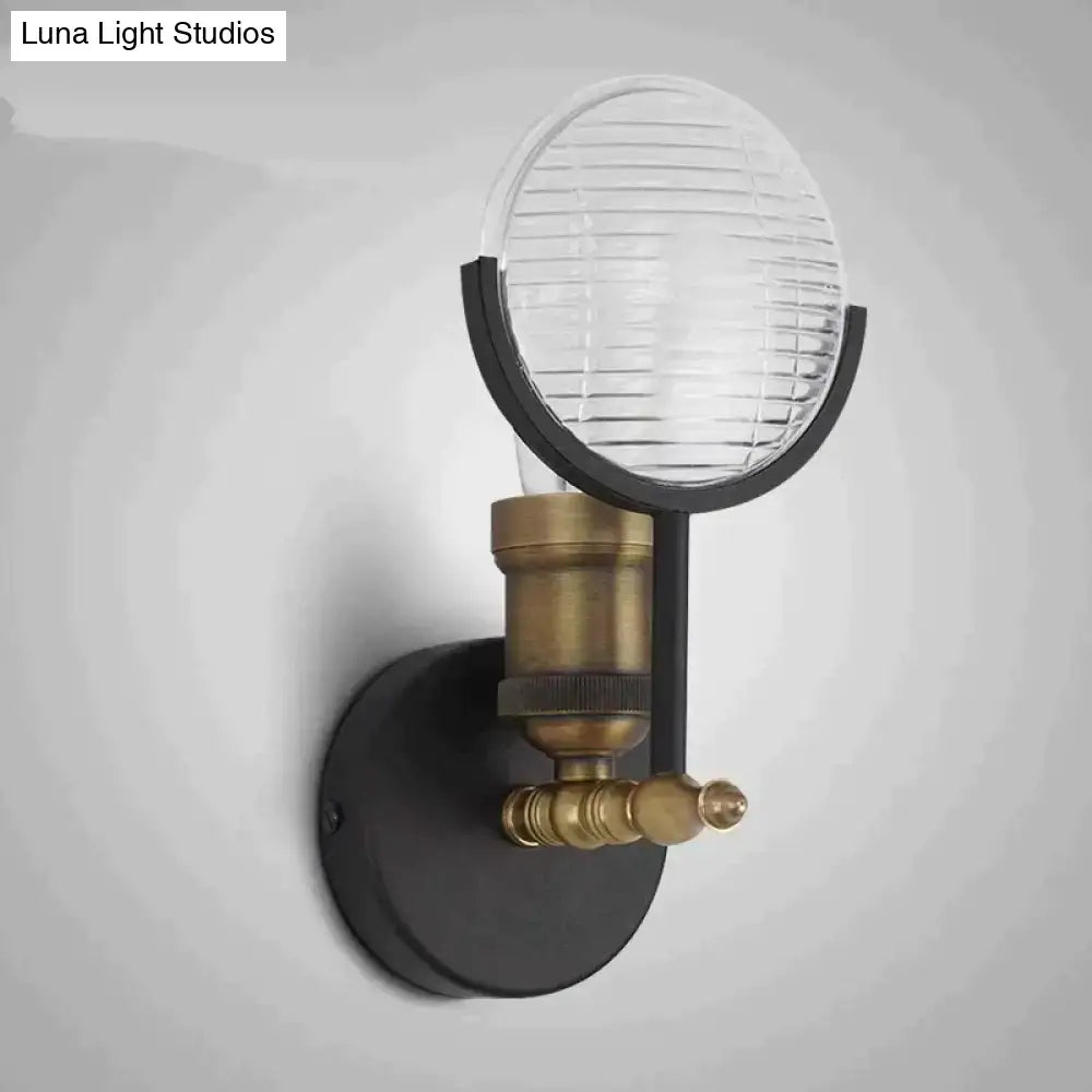 Vintage brass ribbed glass led wall lamp sconce with clear globe and black metal base for bedroom lighting