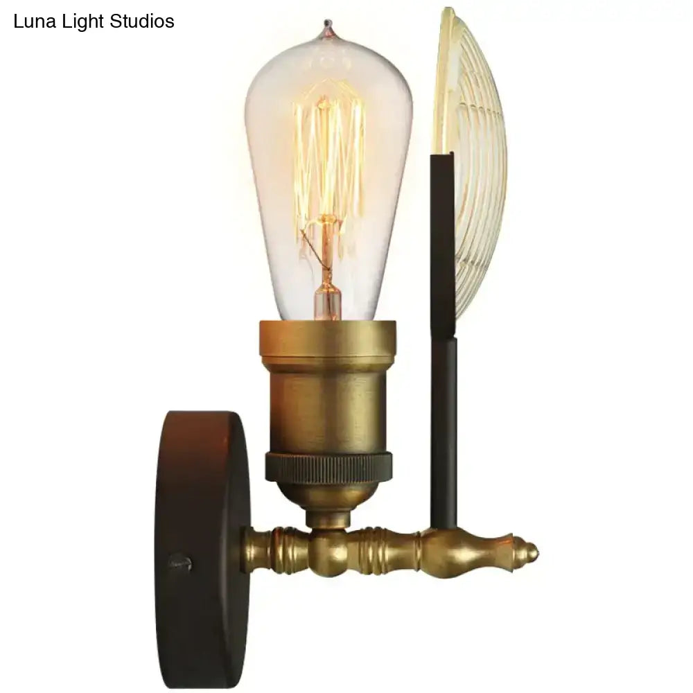 Vintage brass ribbed glass led wall lamp sconce with clear glass edison bulb and black decorative shade for bedroom