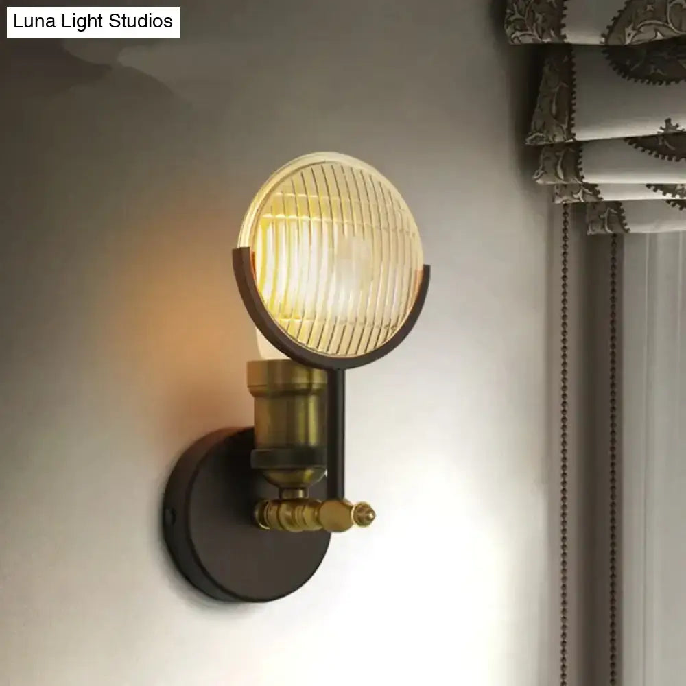 Vintage brass led wall lamp sconce with ribbed amber glass globe and metal base for bedroom lighting
