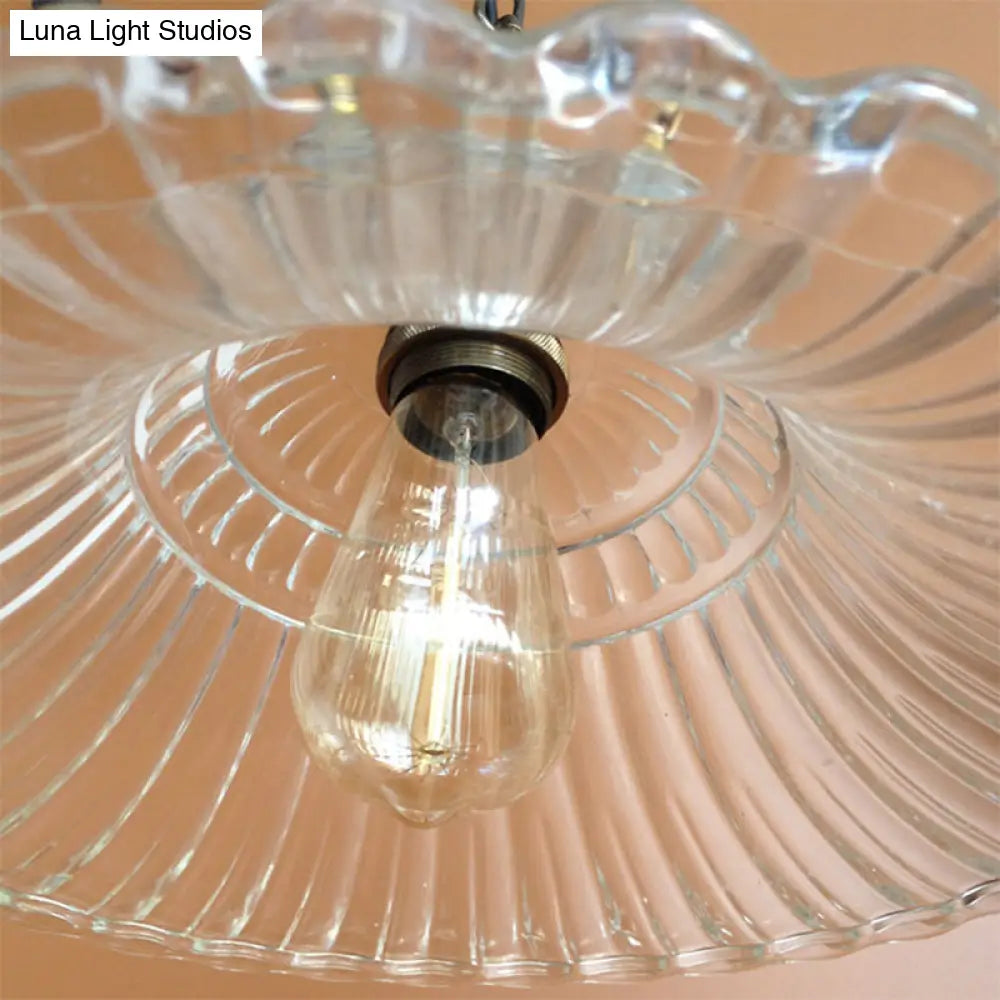 Vintage Brass Ribbed Glass Scalloped Pendant Ceiling Light Fixture - 1-Light Hanging Pendant