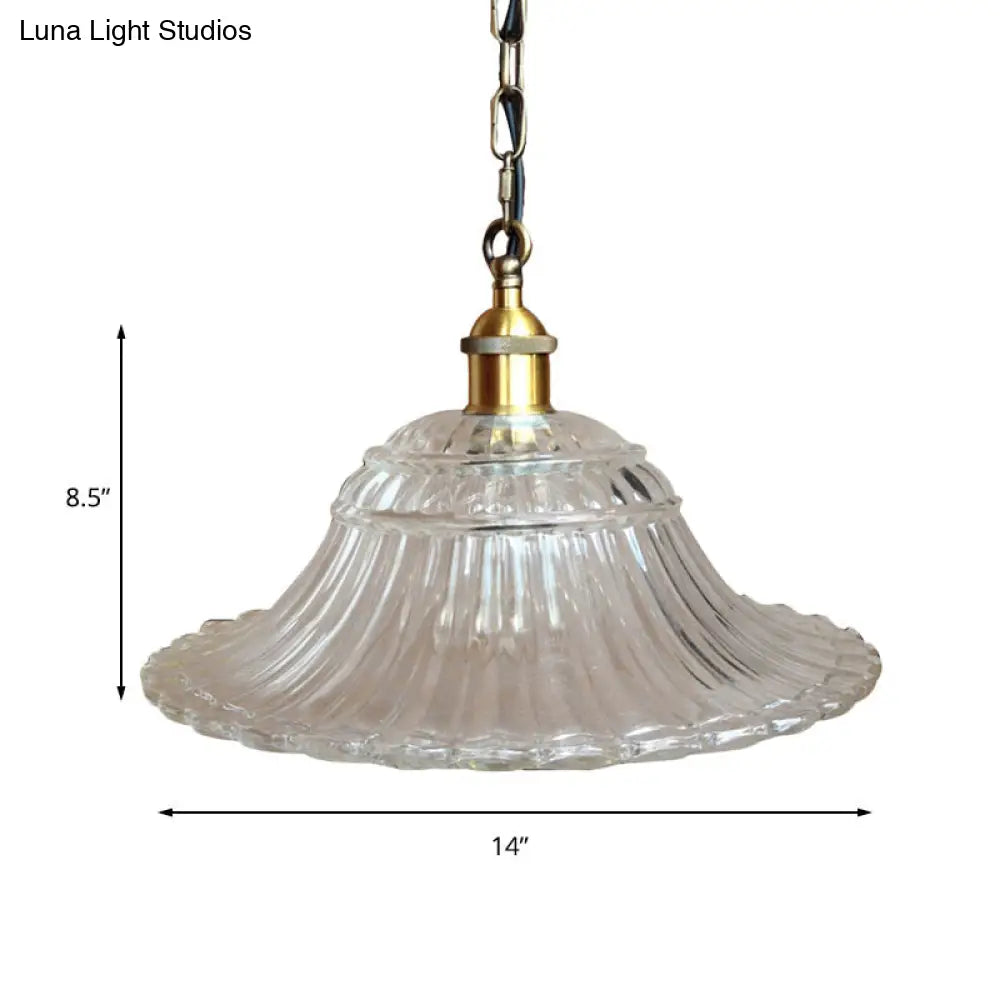 Vintage Brass Ribbed Glass Scalloped Pendant Ceiling Light Fixture - 1-Light Hanging Pendant