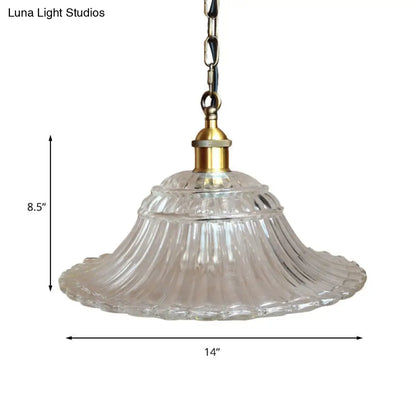 Vintage Brass Ribbed Glass Scalloped Pendant Ceiling Light Fixture - 1-Light Hanging Pendant