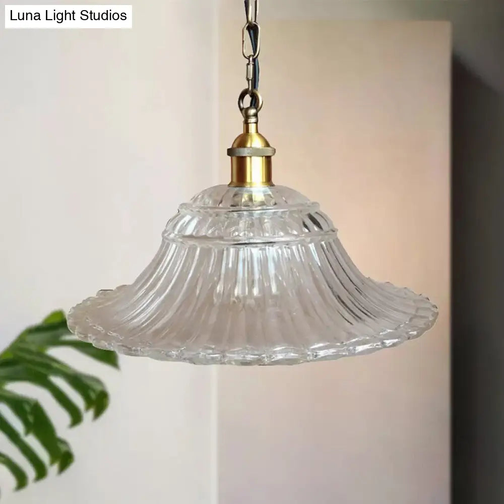 Vintage Brass Ribbed Glass Scalloped Pendant Ceiling Light Fixture - 1-Light Hanging Pendant