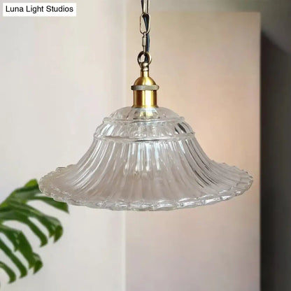 Vintage Brass Ribbed Glass Scalloped Pendant Ceiling Light Fixture - 1-Light Hanging Pendant