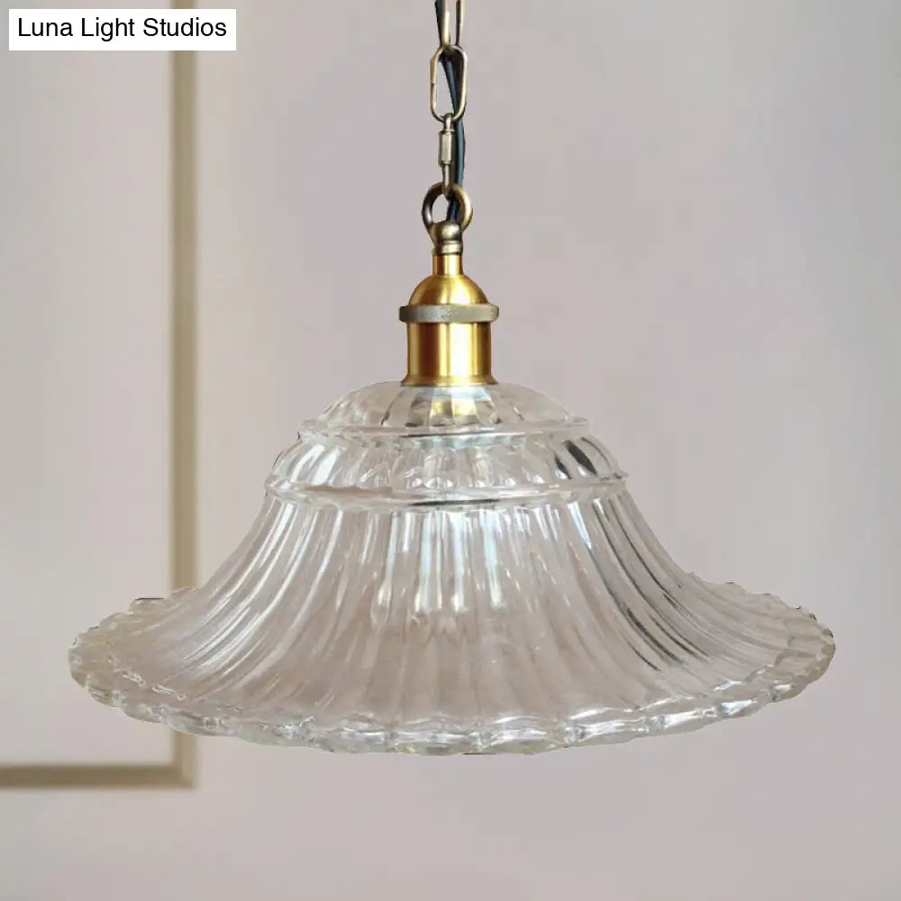 Vintage Brass Ribbed Glass Scalloped Pendant Ceiling Light Fixture - 1-Light Hanging Pendant