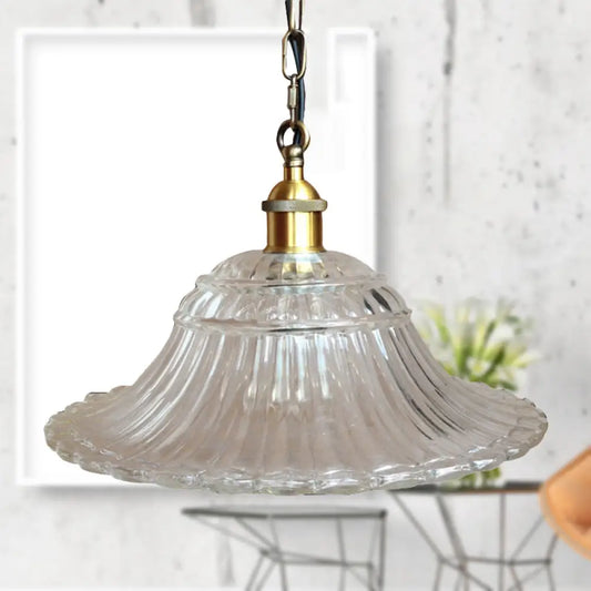 Vintage Brass Ribbed Glass Scalloped Pendant Ceiling Light Fixture - 1-Light Hanging Pendant