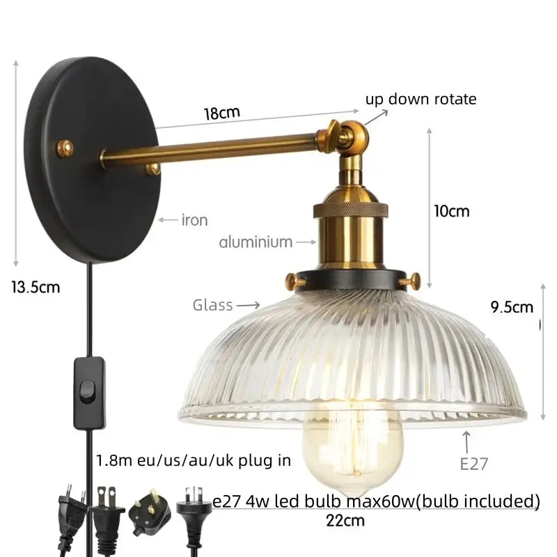 Vintage brass wall sconce with ribbed glass shade, black iron mount, pull chain switch, and included e27 led bulb