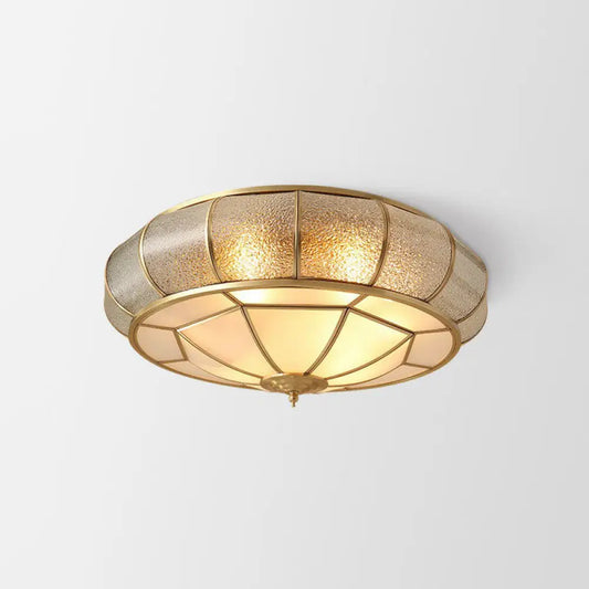 Vintage Brass Round Flush Mount Ceiling Light Fixture for Bedroom with Water Glass Accent