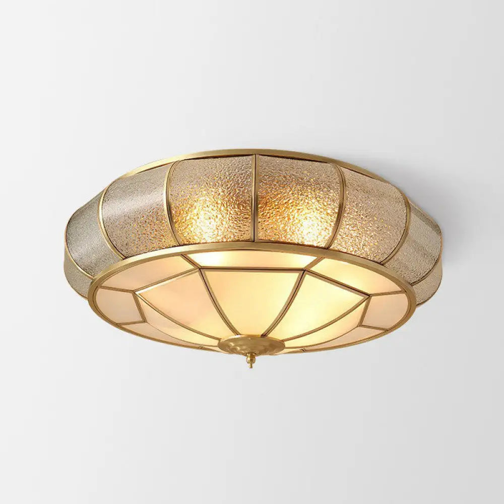 Vintage Brass Round Flush Mount Ceiling Light Fixture for Bedroom with Water Glass Accent
