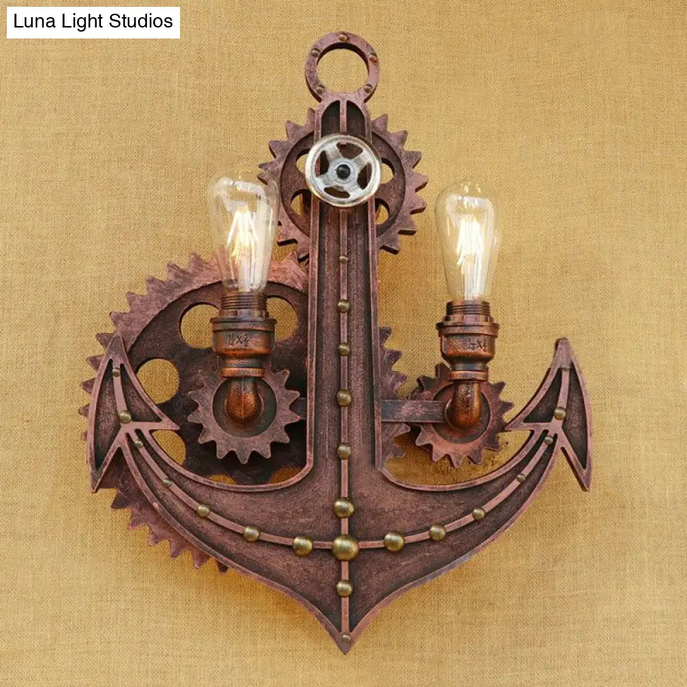 Vintage Brass/Rust Wall Light Sconce Lamp - 2 Bulbs, Anchor Mount - Ideal for Restaurants