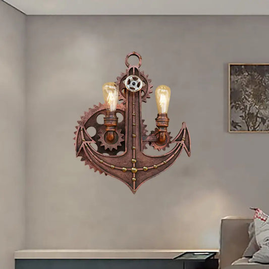 Vintage Brass/Rust Wall Light Sconce Lamp - 2 Bulbs, Anchor Mount - Ideal for Restaurants
