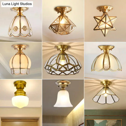 DecorBites brass scallop semi flush mount ceiling light with brass finish and glass shades featuring floral and geometric designs