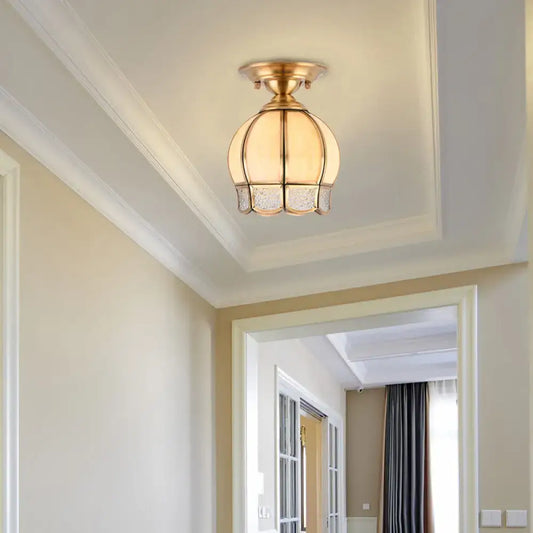 DecorBites™ brass scallop semi flush mount ceiling light with amber glass floral etching and crystal trim