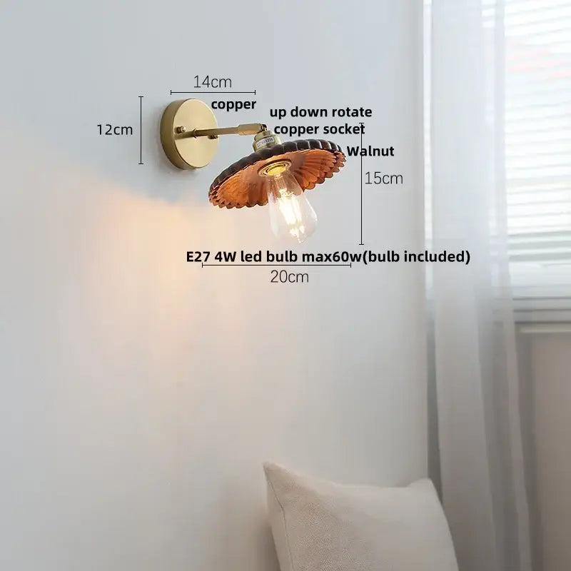 Vintage brass scalloped amber glass wall lamp with copper sconce walnut-finished shade and exposed edison bulb light fixture