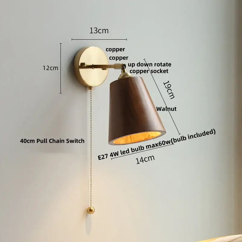 Vintage brass scalloped amber glass wall lamp with copper base and dark walnut shade LED wall light fixture