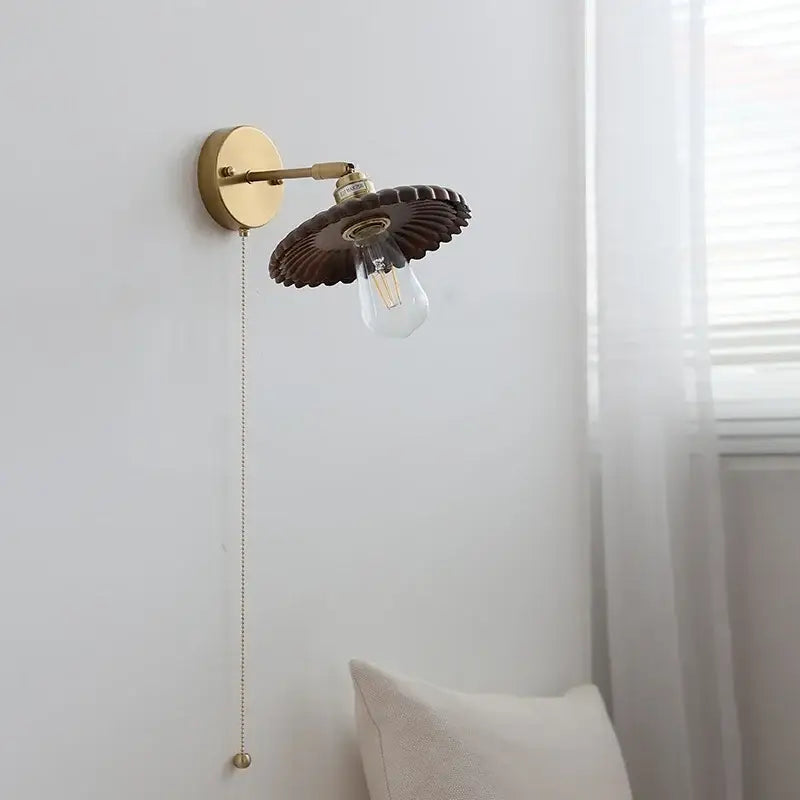 Vintage brass scalloped amber glass wall lamp with wooden shade and exposed edison bulb led wall lamp fixture