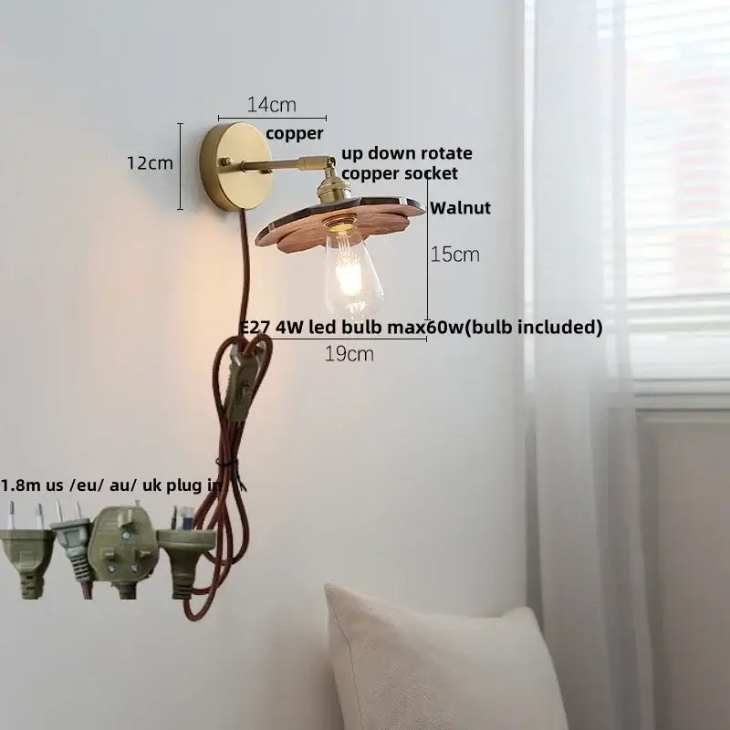 Vintage brass scalloped amber glass wall lamp with copper and walnut wall sconce and vintage Edison bulb light fixture