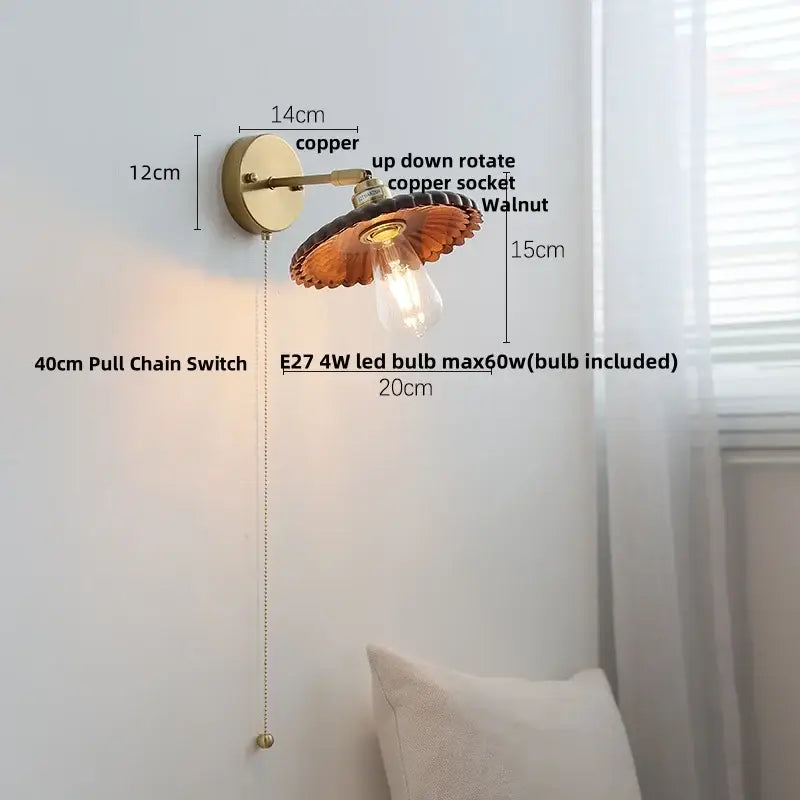 Copper wall lamp with walnut shade and e27 4w led bulb vintage brass scalloped amber glass light fixture for bedroom
