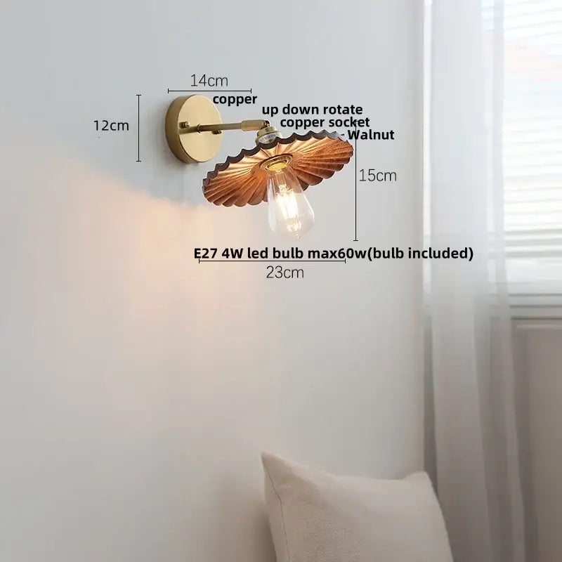 Copper-finished wall lamp with walnut wood fan-shaped shade and exposed Edison bulb vintage brass light fixture