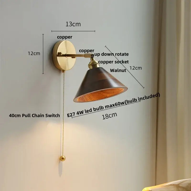 Vintage brass scalloped amber glass wall lamp with copper finish, dark walnut shade, adjustable led wall lamp design