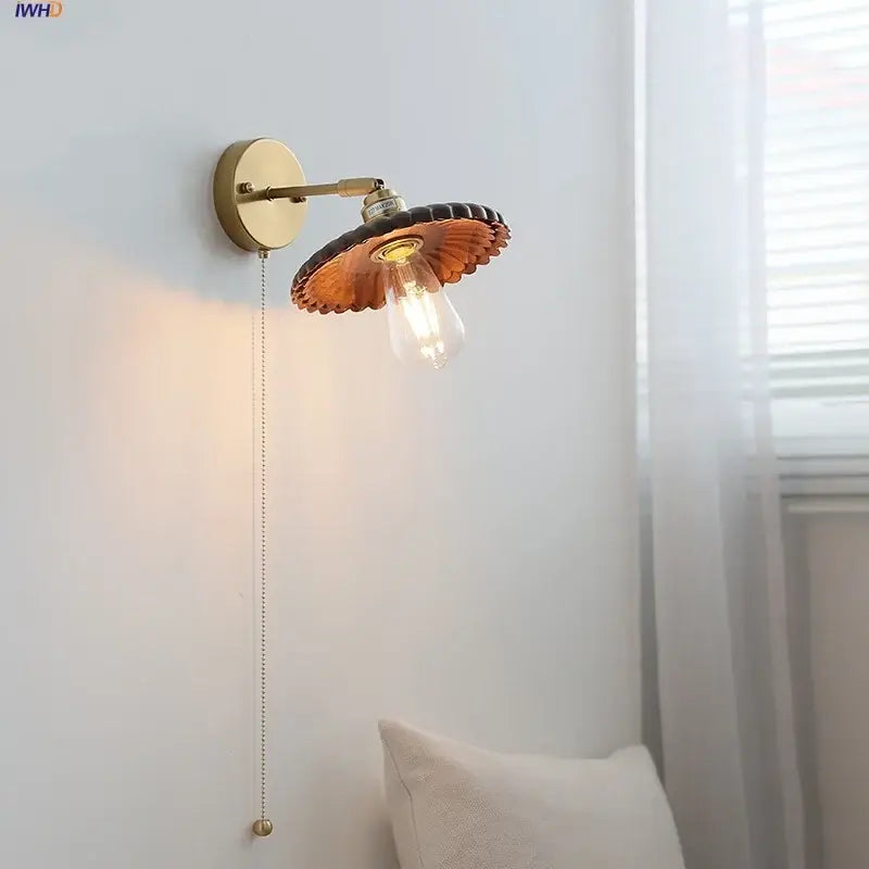 Vintage brass scalloped amber glass wall lamp with exposed edison bulb light fixture for bedroom lighting