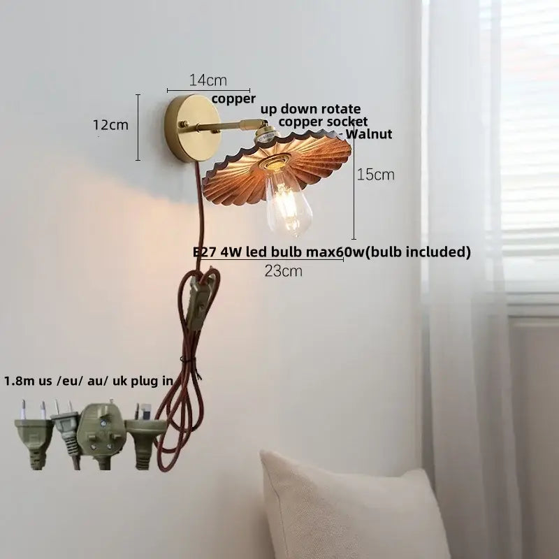 Vintage brass scalloped amber glass wall lamp with copper wall sconce and walnut-finished fan-shaped shade led wall lamp