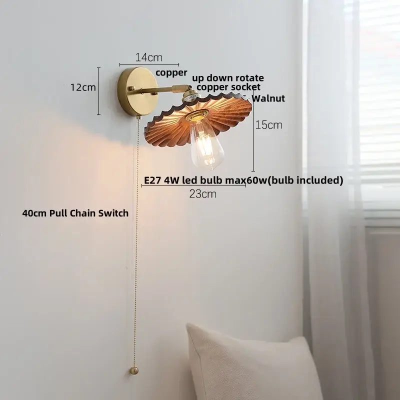 Copper-finished wall lamp with walnut-wood fan-shaped shade and exposed edison bulb vintage brass light fixture