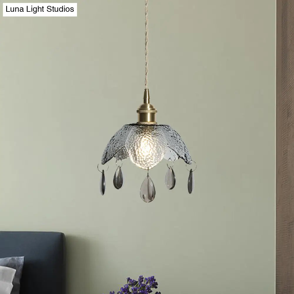 Vintage Brass Scalloped Bowl Pendant Lamp - 1 Bulb Clear/Smoke Gray Water Glass Suspended Lighting