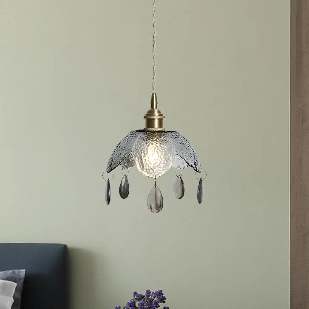 Vintage Brass Scalloped Bowl Pendant Lamp - 1 Bulb Clear/Smoke Gray Water Glass Suspended Lighting