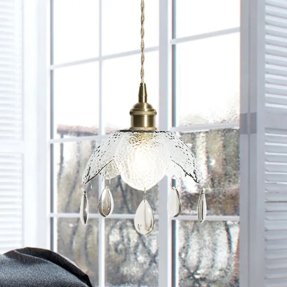 Vintage Brass Scalloped Bowl Pendant Lamp - 1 Bulb Clear/Smoke Gray Water Glass Suspended Lighting