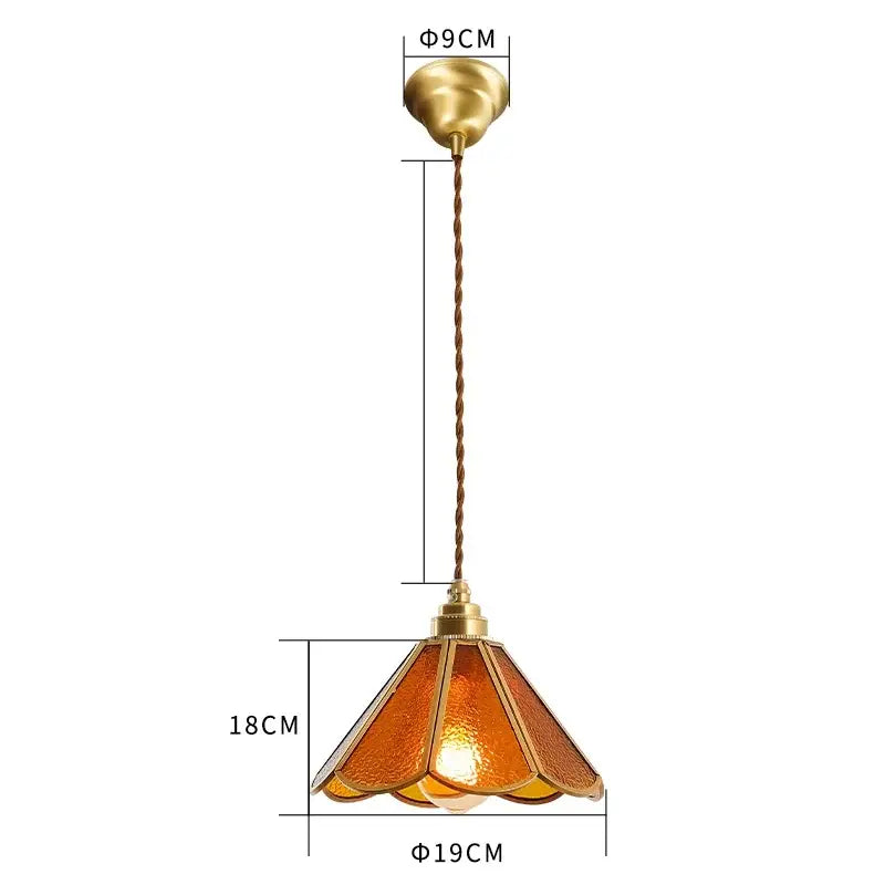 Vintage brass scalloped glass led pendant lamp with amber textured shade for bedroom lighting pendant light