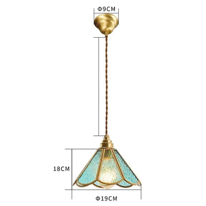 Vintage brass scalloped glass led pendant lamp with turquoise flower-shaped shade and twisted cord for bedroom lighting