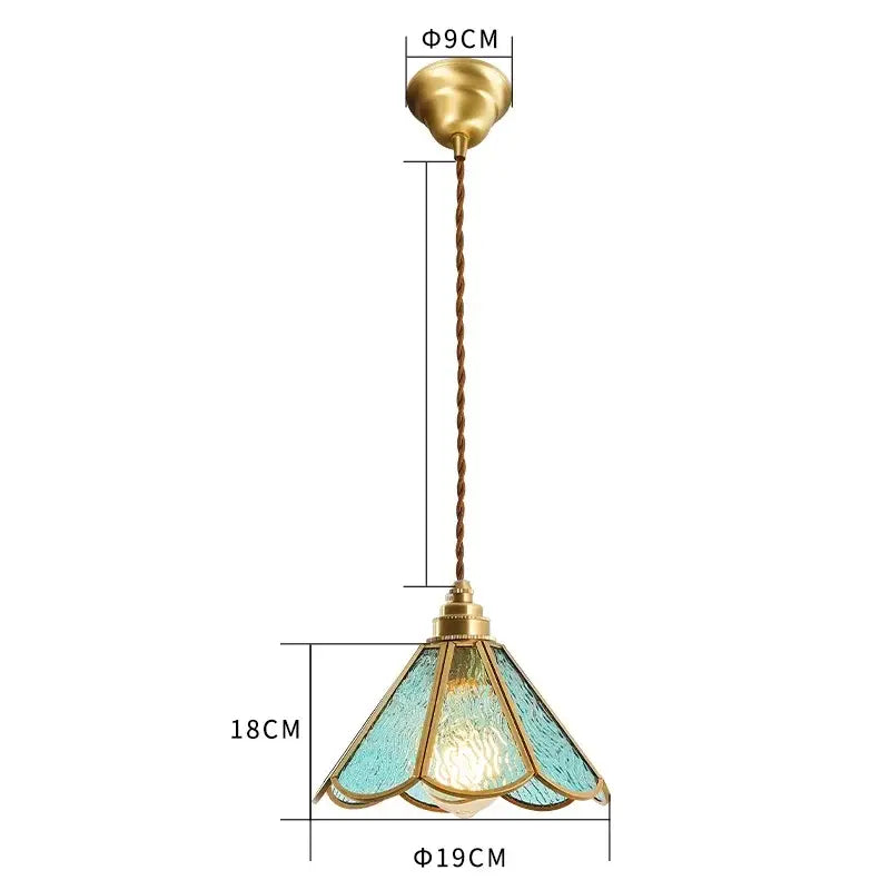 Vintage brass scalloped glass led pendant lamp with turquoise flower-shaped shade and twisted cord for bedroom lighting