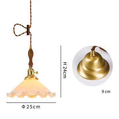 Vintage brass pendant light with scalloped warm frosted glass led pendant shade and wooden handle for bedroom lighting