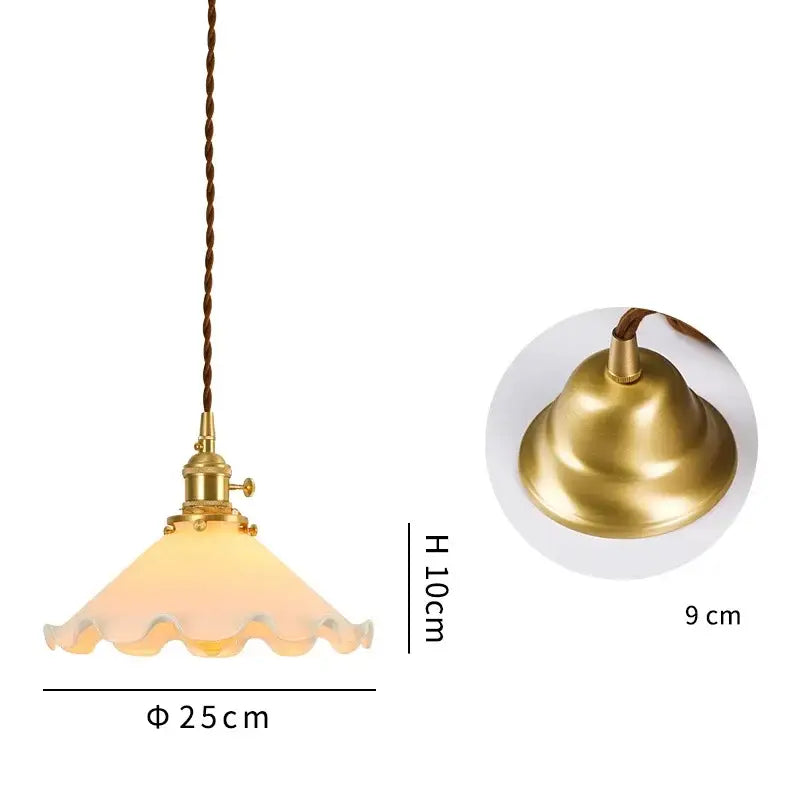 Vintage brass pendant light with warm frosted scalloped glass shade LED pendant lamp ideal for bedroom lighting