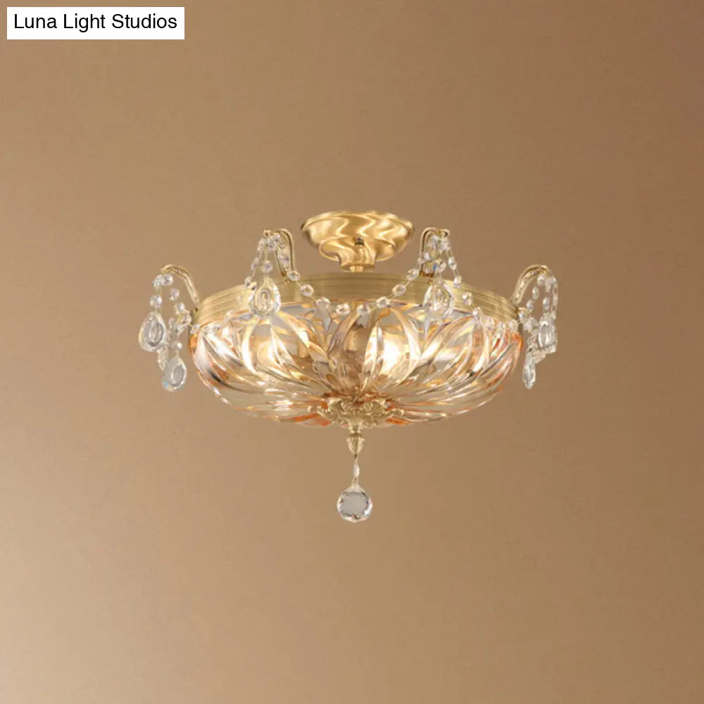 Vintage Brass Semi Flush Mount Ceiling Light with Amber Glass - 5-Light Shaded Flush Lighting for Living Room