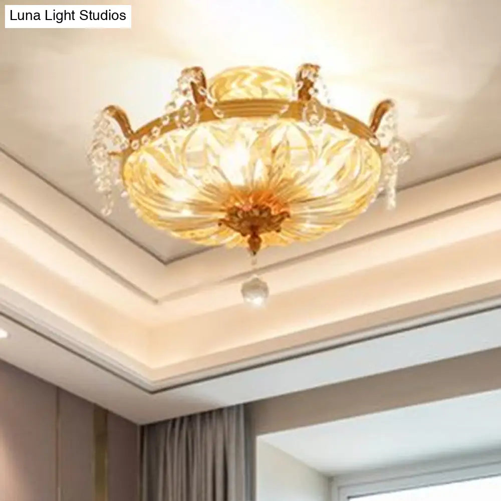 Vintage Brass Semi Flush Mount Ceiling Light with Amber Glass - 5-Light Shaded Flush Lighting for Living Room