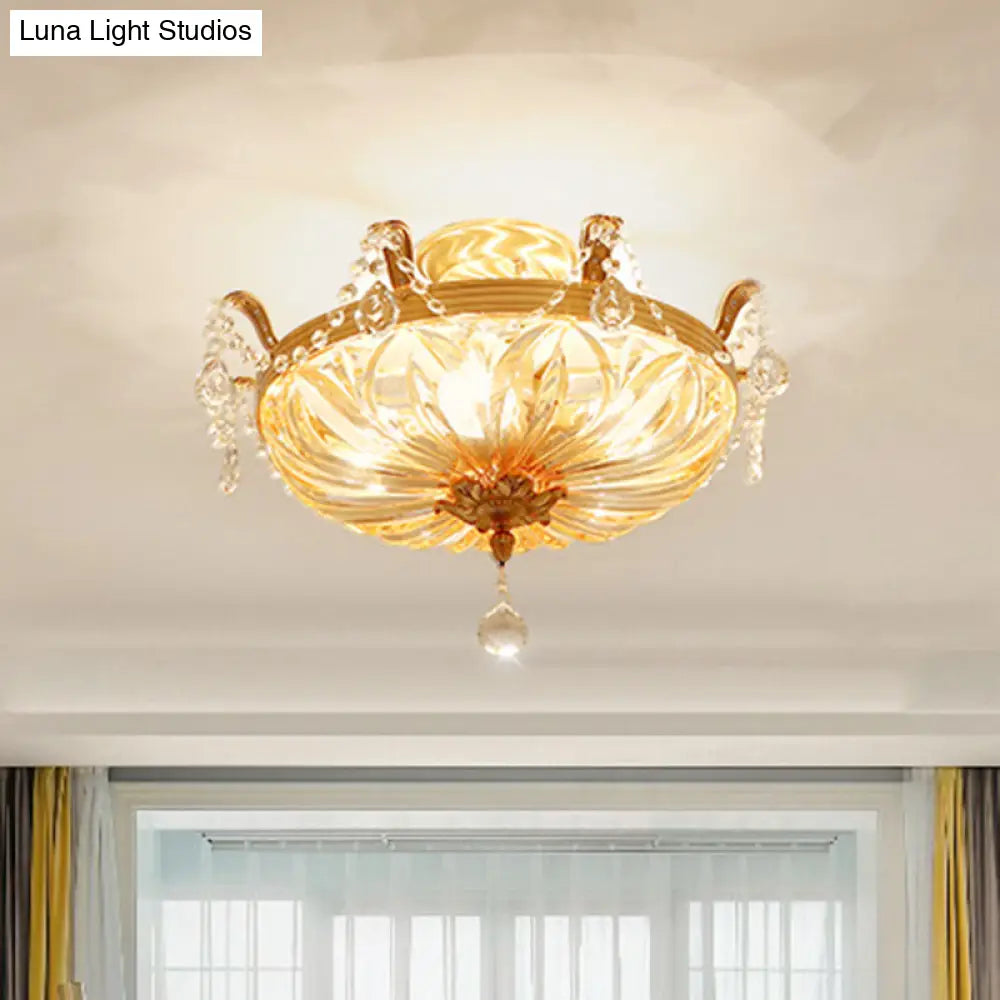Vintage Brass Semi Flush Mount Ceiling Light with Amber Glass - 5-Light Shaded Flush Lighting for Living Room