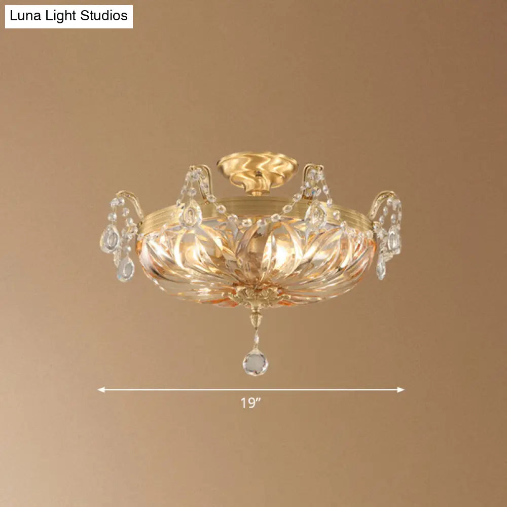 Vintage Brass Semi Flush Mount Ceiling Light with Amber Glass - 5-Light Shaded Flush Lighting for Living Room