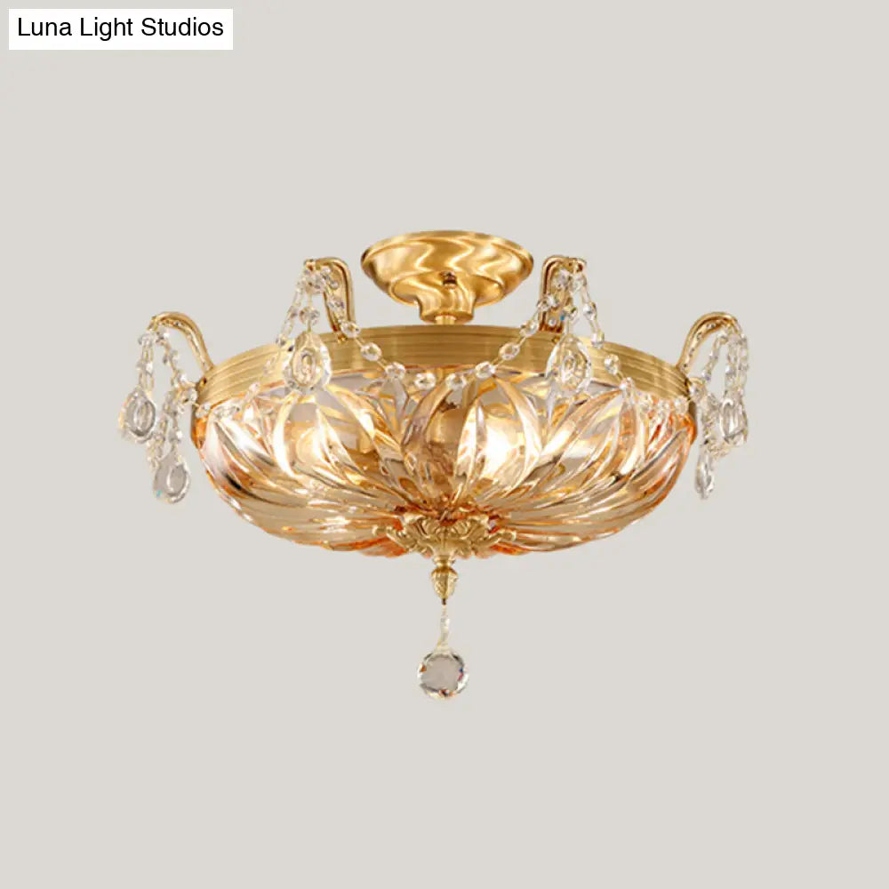 Vintage Brass Semi Flush Mount Ceiling Light with Amber Glass - 5-Light Shaded Flush Lighting for Living Room